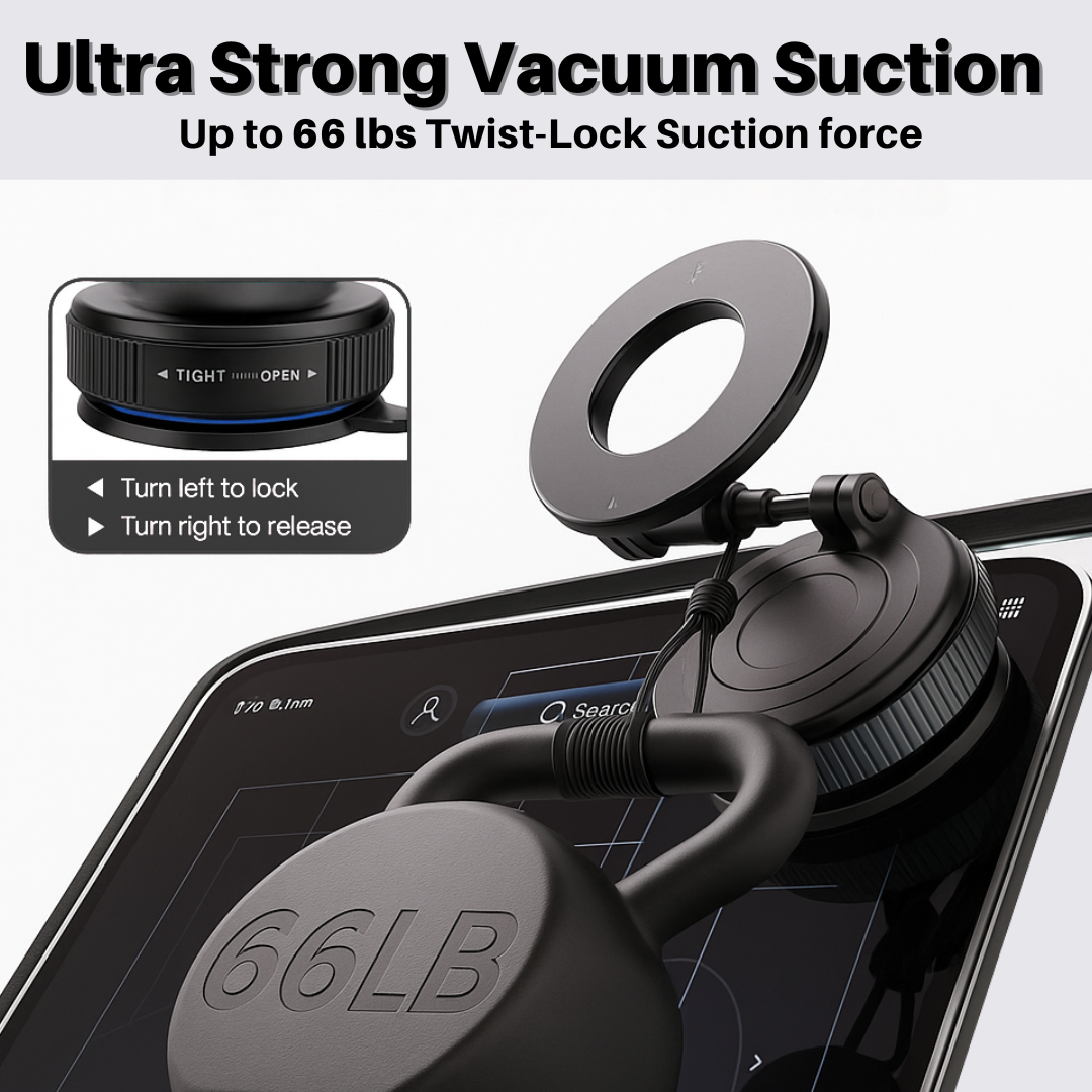 Black suction cup with '66LB' marking on a white background, featuring text about strong suction force.