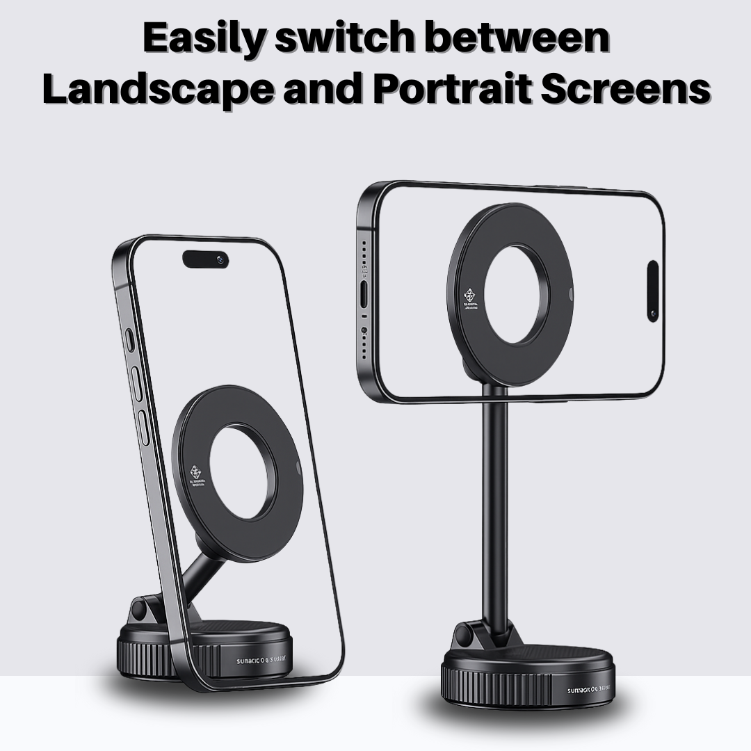 Phone stand with adjustable screen orientation feature.
