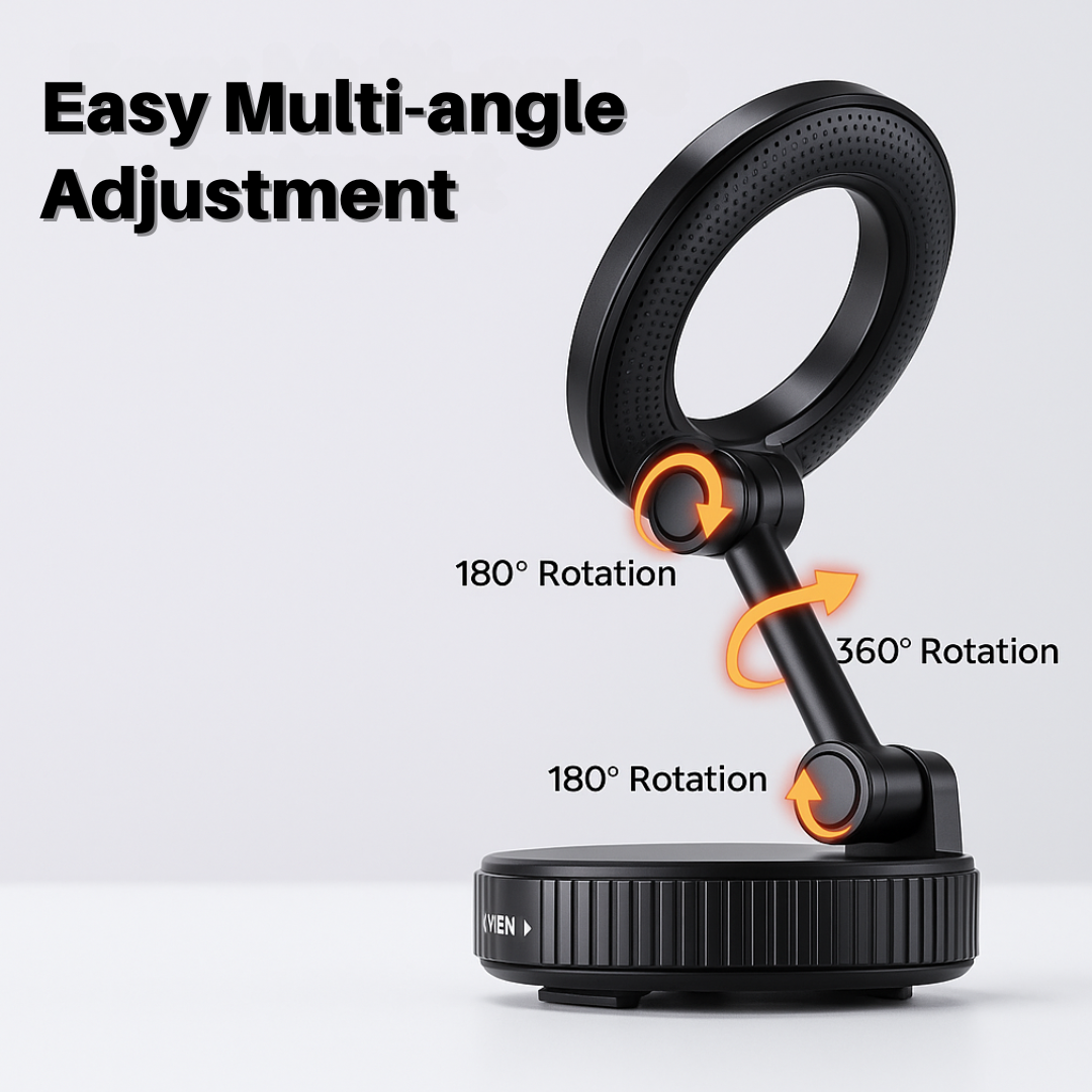 Black adjustable phone mount with text indicating multi-angle adjustment.